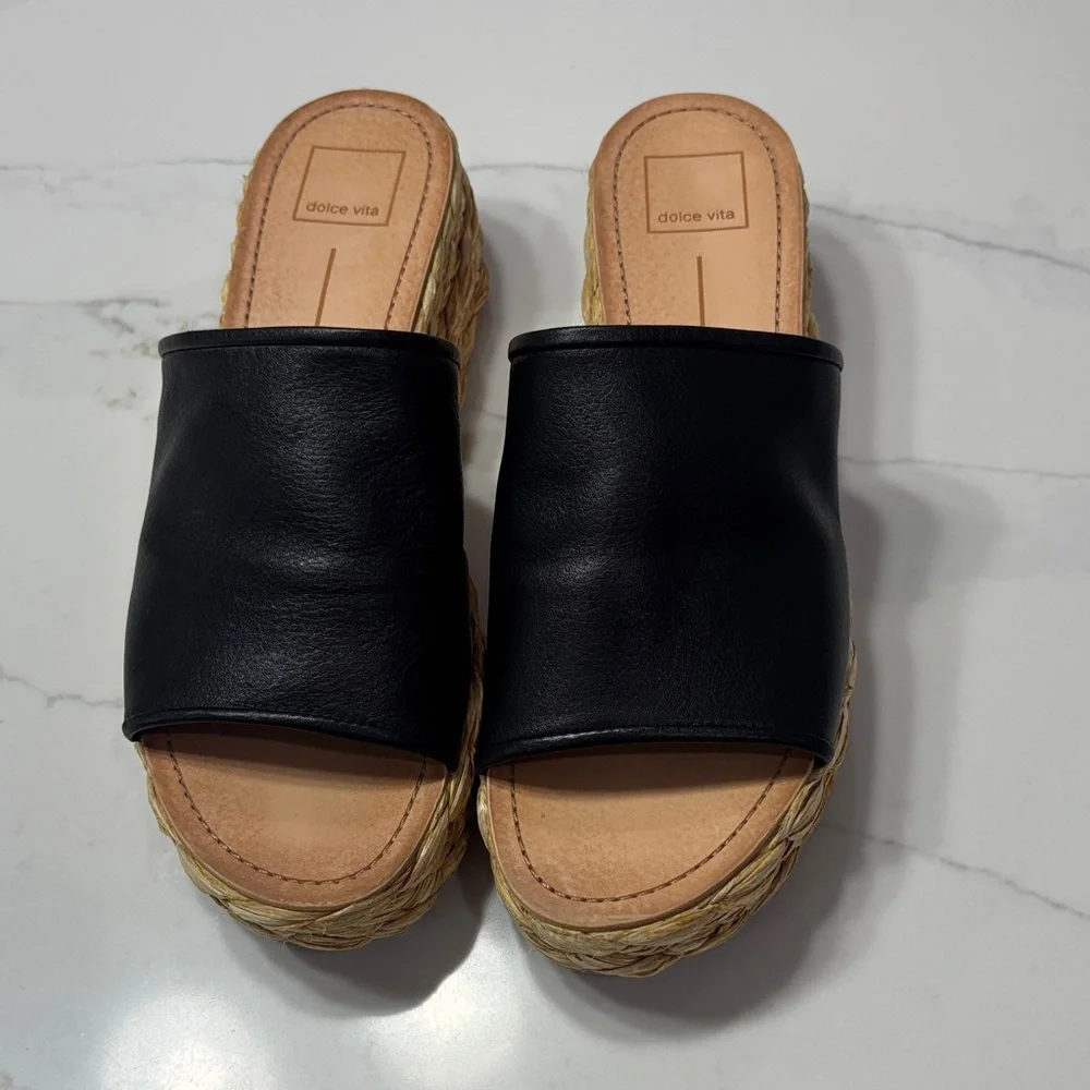 Dolce Vita Black Leather Espadrille Slide Wedges